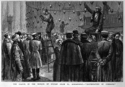 A Giaour II. Szelim szultán mecsetében, Adrianopoly: „Illuminating by Command”, a „The Graphic”-ból, 1878. március alkotó: English School